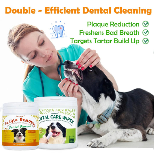 Petstoral Dental Cleaning Kit, Dental Care Wipes to Clean Plaque on The Surface of The Teeth, Beef Liver Flavour Dental Powder with Probiotic to Solve Oral Problems from The Inside of Digestion