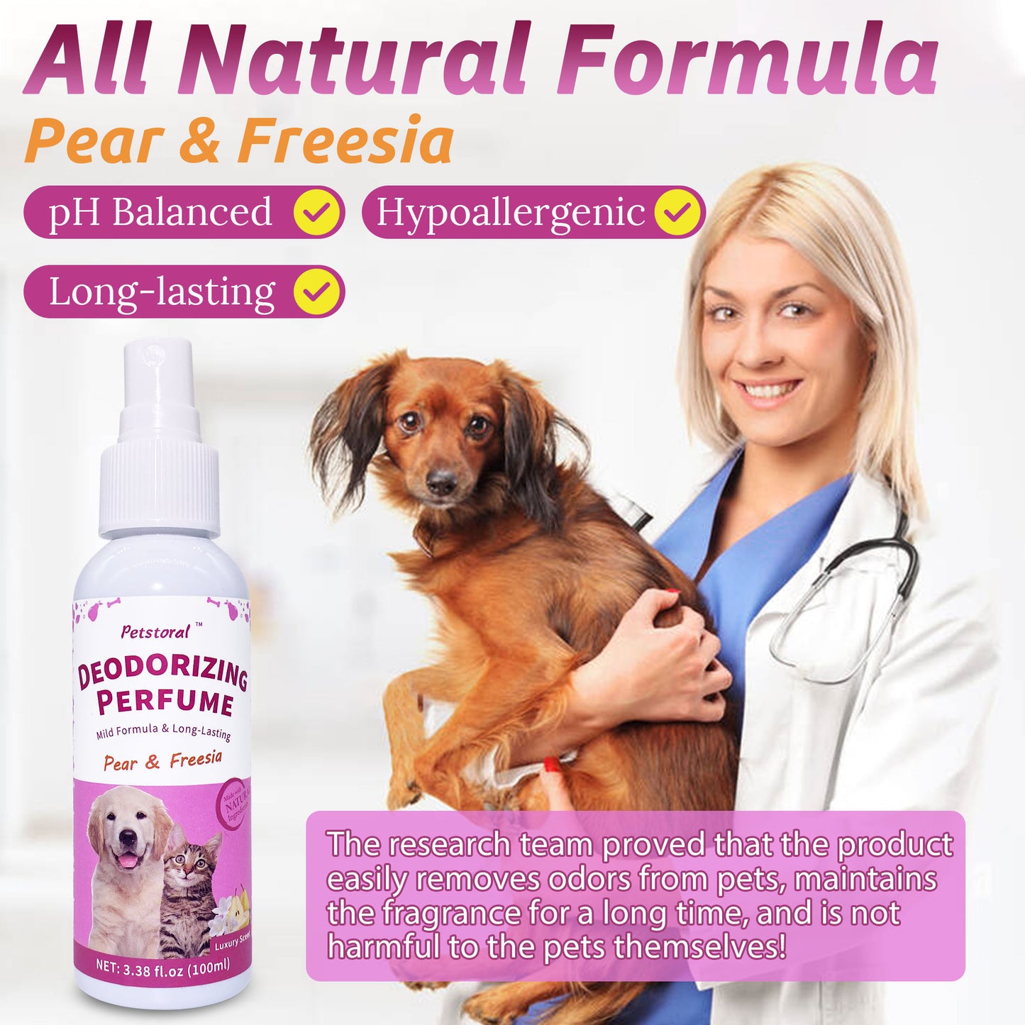 Deodorizing Perfume Spray for Pets, luxury Scent, Long-Lasting Fragrance, 3.38 Fl Oz. (Pear & Freesia)