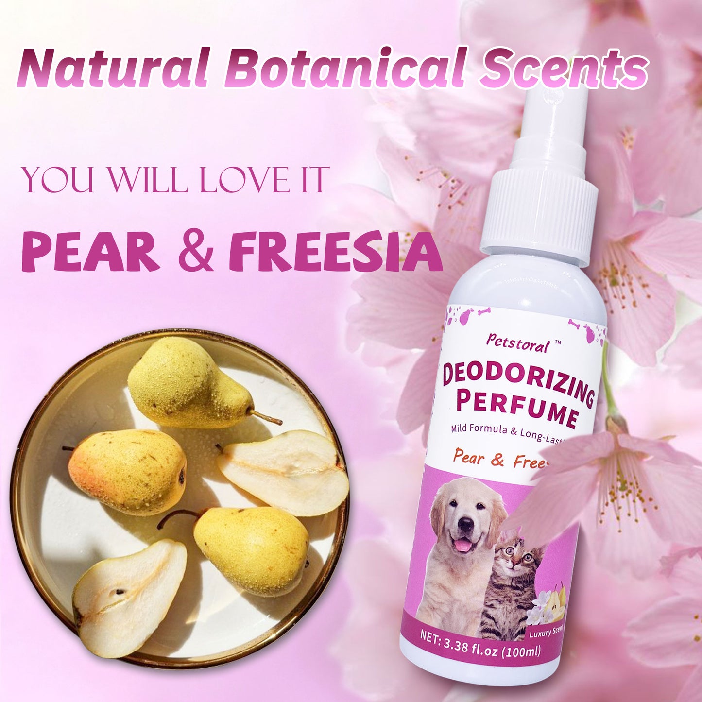 Deodorizing Perfume Spray for Pets, luxury Scent, Long-Lasting Fragrance, 3.38 Fl Oz. (Pear & Freesia)