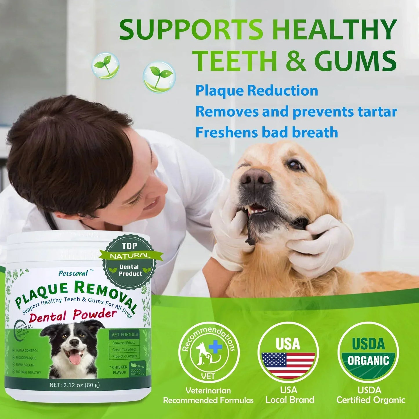 Plaque Removal Dental Powder - Dog Dental Care and Bad Breath Treatment, Dog Teeth Cleaning Powder for Healthy Teeth & Gums for All Dogs - 60g