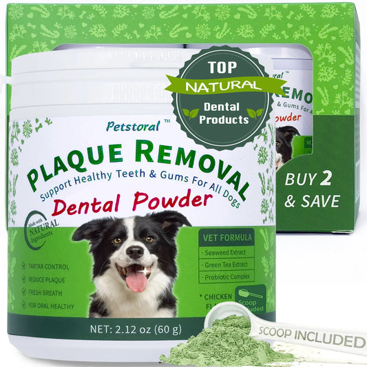 Plaque Removal Dental Powder 2-Pack, Dog Dental Care and Bad Breath Treatment, Dog Teeth Cleaning Powder for Healthy Teeth & Gums for All Dogs