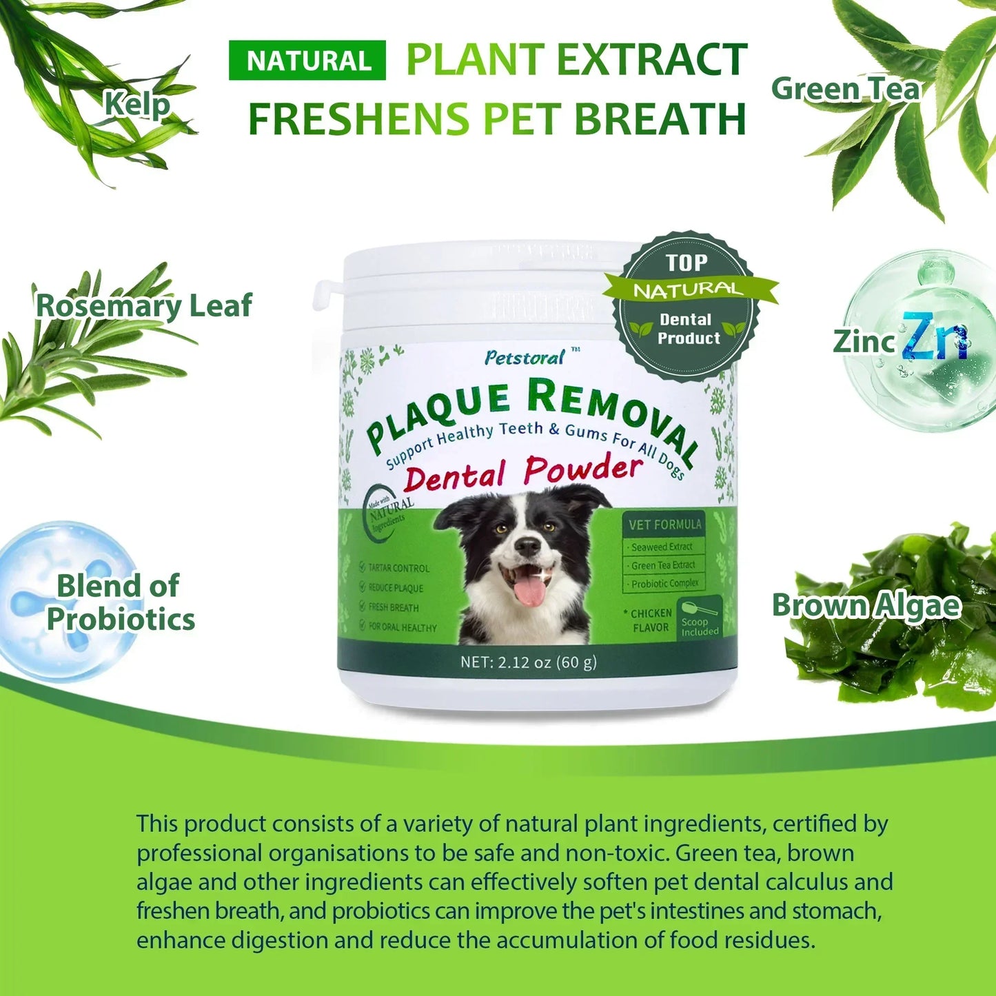 Plaque Removal Dental Powder - Dog Dental Care and Bad Breath Treatment, Dog Teeth Cleaning Powder for Healthy Teeth & Gums for All Dogs - 60g