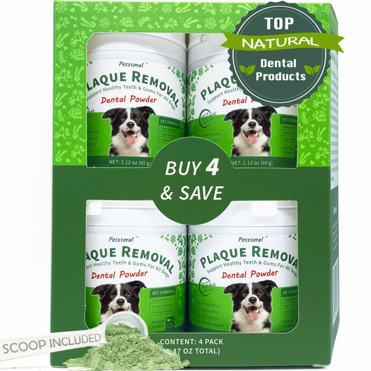 Plaque Removal Dental Powder 4-Pack, Dog Dental Care and Bad Breath Treatment, Dog Teeth Cleaning Powder for Healthy Teeth & Gums for All Dogs