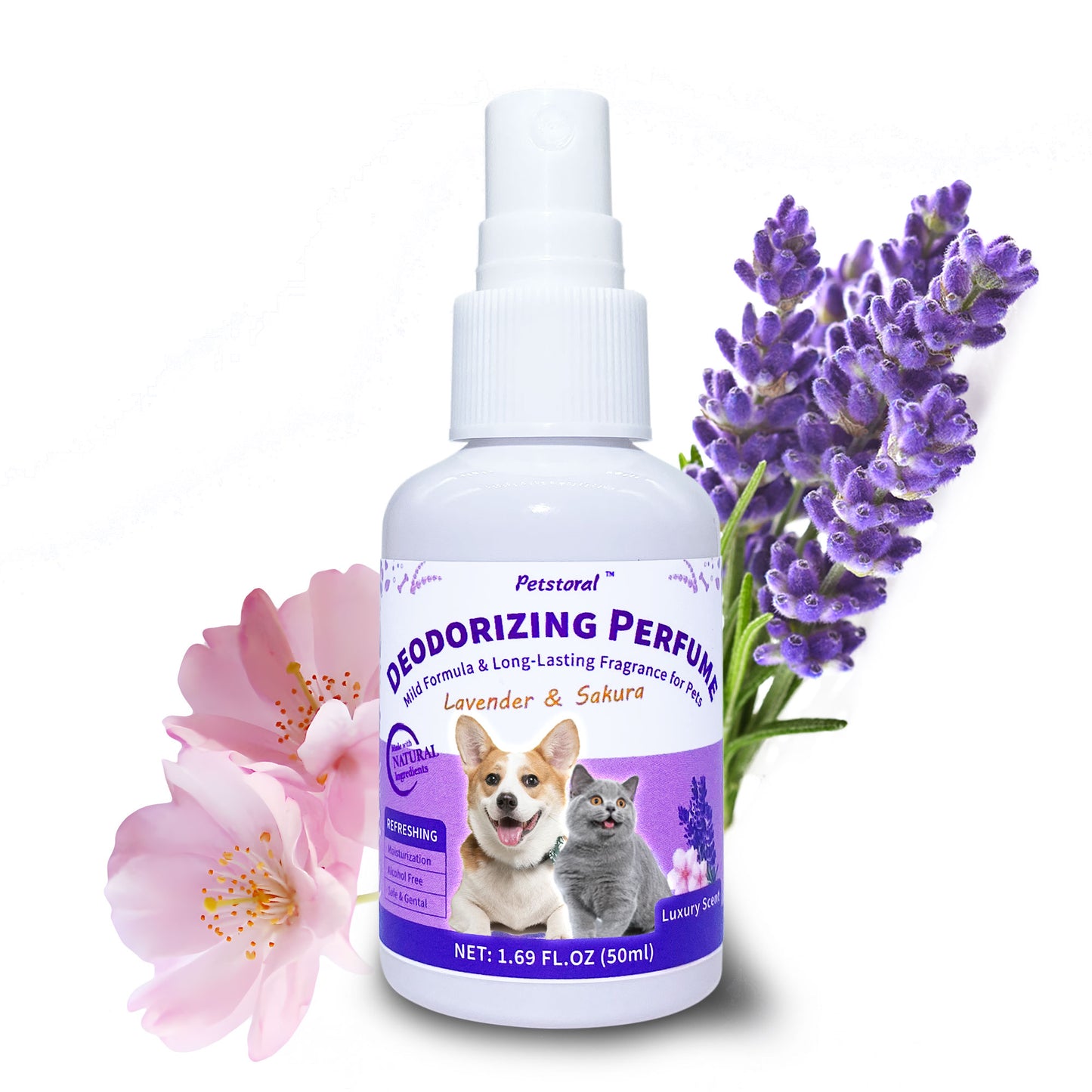 Deodorizing Perfume Spray for Pets, luxury Scent, Long-Lasting Fragrance (1.69 Fl Oz, Lavender & Sakaru)