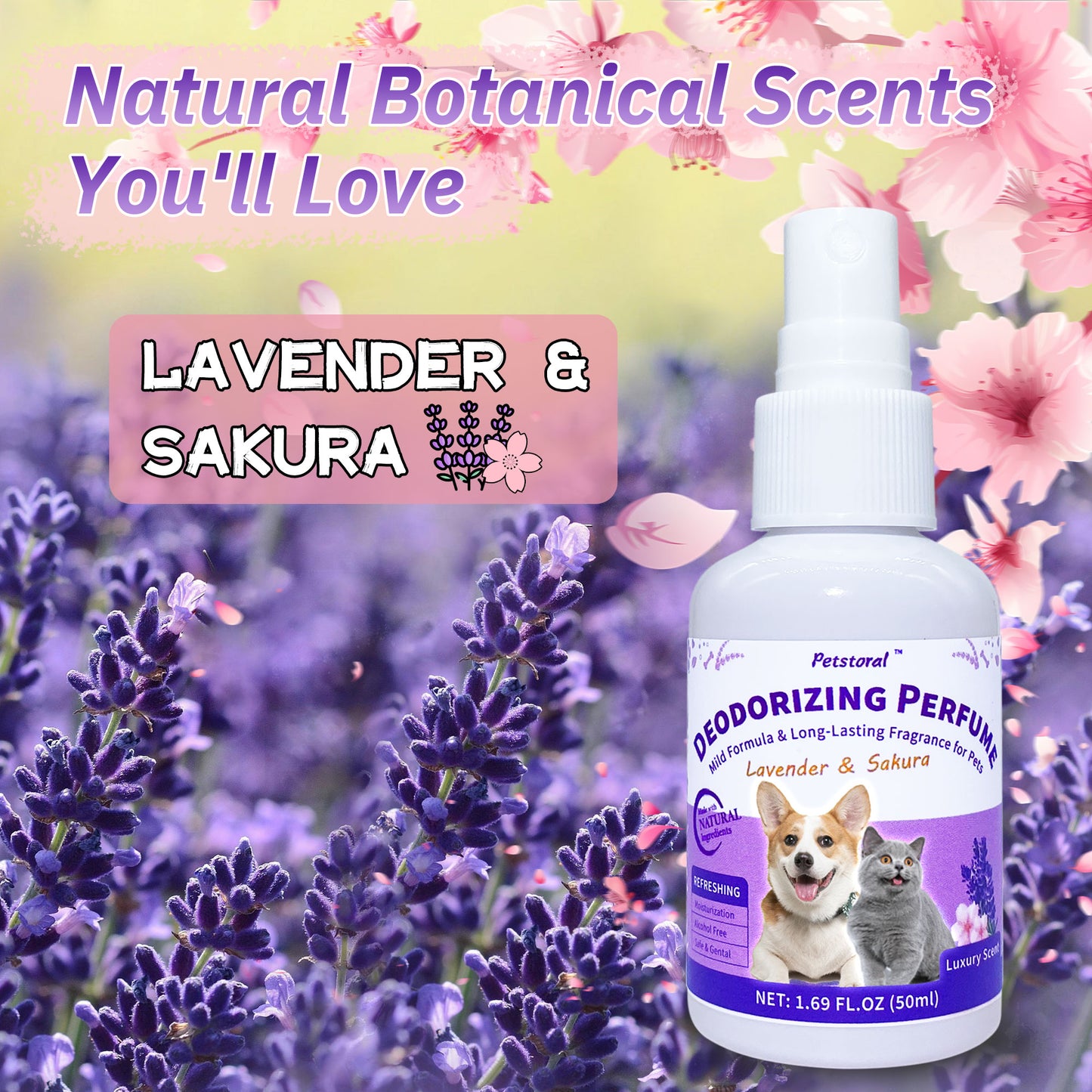 Deodorizing Perfume Spray for Pets, luxury Scent, Long-Lasting Fragrance (1.69 Fl Oz, Lavender & Sakaru)