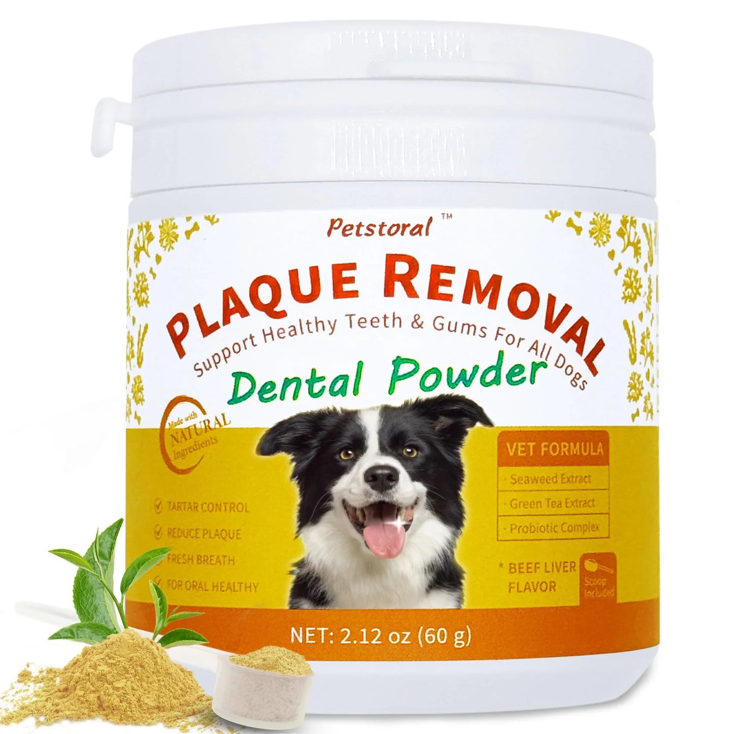 Petstoral Plaque Removal Natural Dental Powder - Dog Dental Care and Bad Breath Treatment, Dog Teeth Cleaning Powde - Beef Liver Flavor - 2.12 oz
