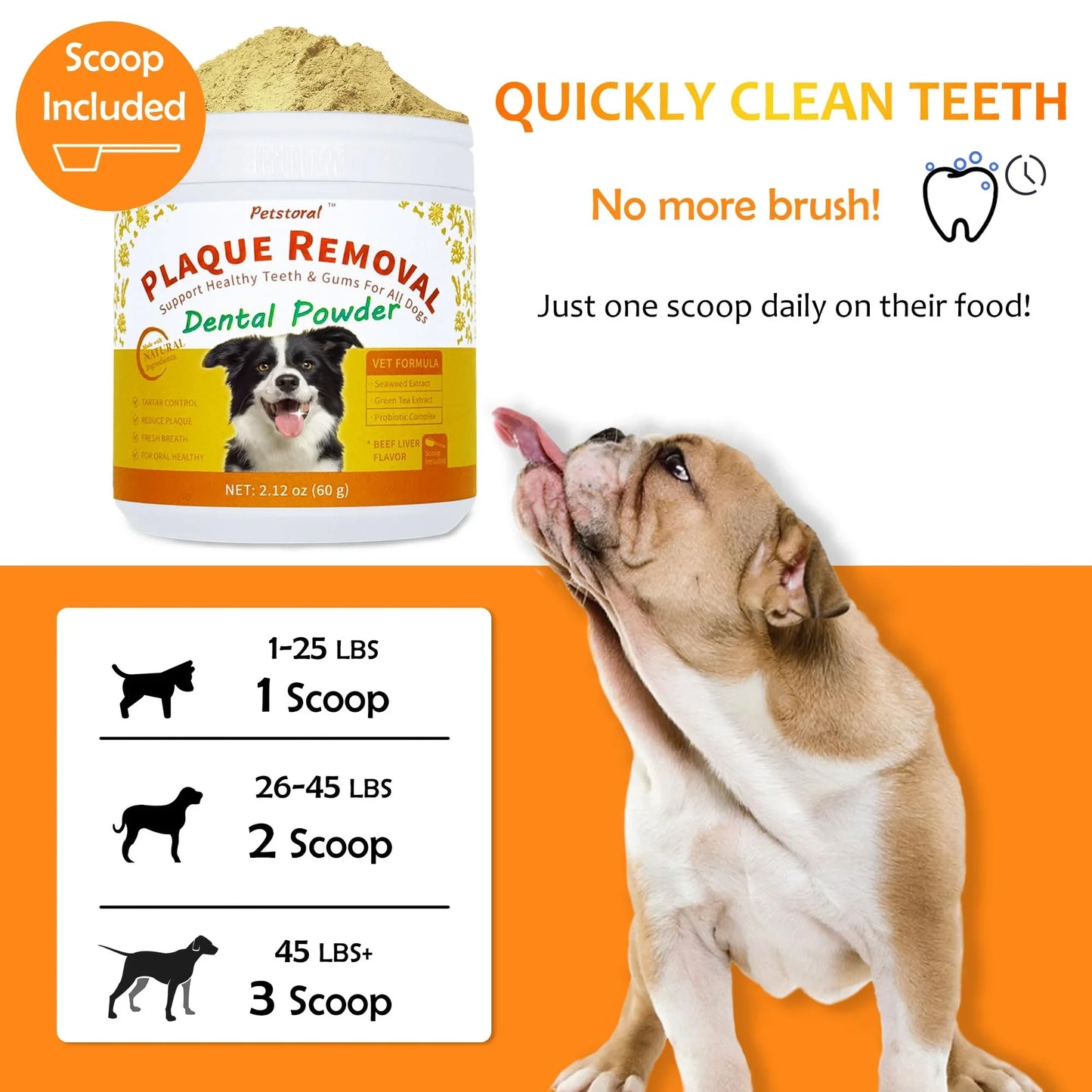 Petstoral Plaque Removal Natural Dental Powder - Dog Dental Care and Bad Breath Treatment, Dog Teeth Cleaning Powde - Beef Liver Flavor - 2.12 oz