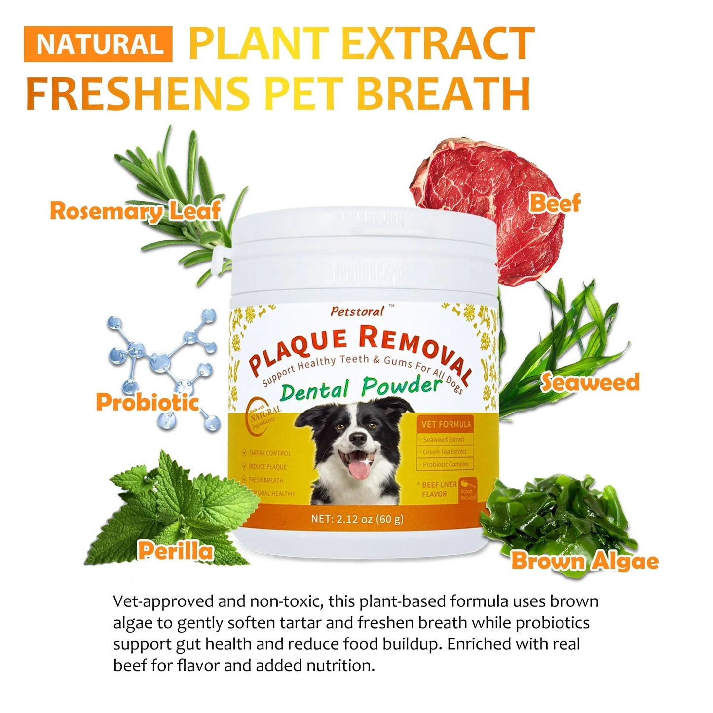 Petstoral Dental Cleaning Kit, Dental Care Wipes to Clean Plaque on The Surface of The Teeth, Beef Liver Flavour Dental Powder with Probiotic to Solve Oral Problems from The Inside of Digestion