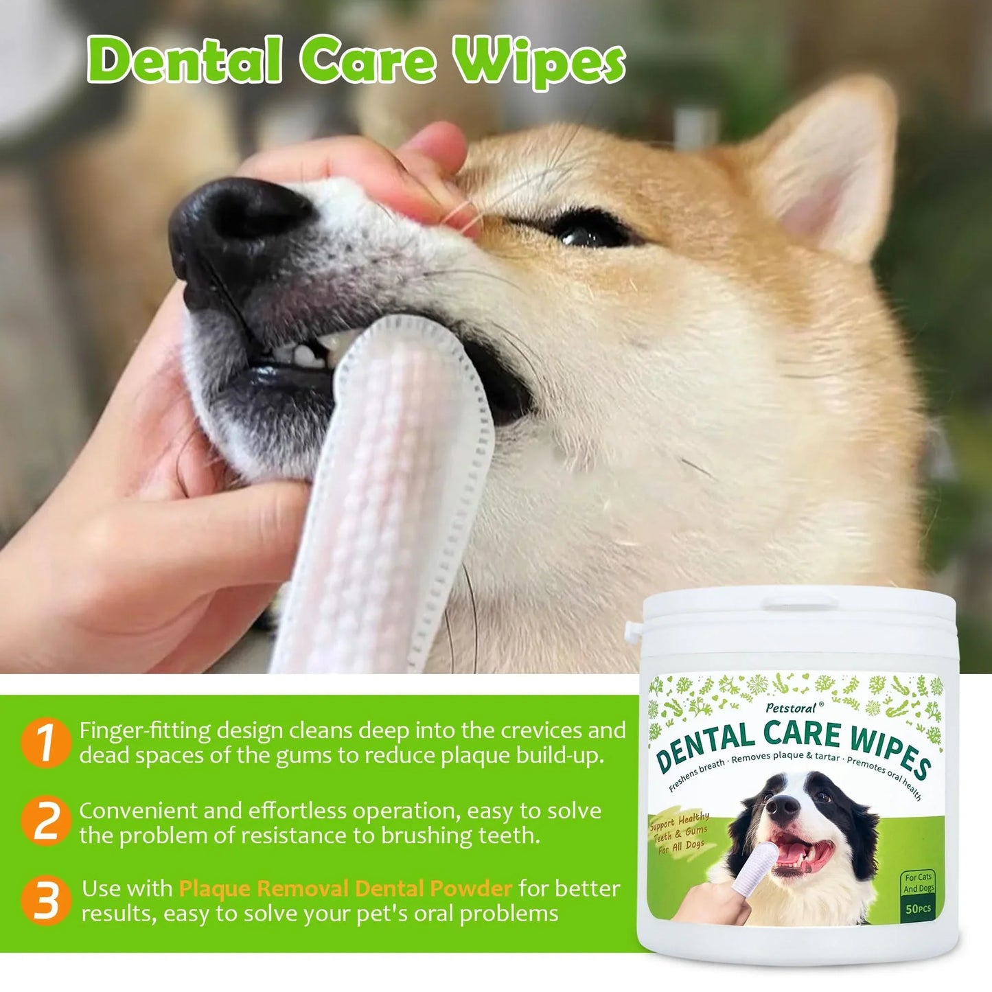Petstoral Dental Cleaning Kit, Dental Care Wipes to Clean Plaque on The Surface of The Teeth, Beef Liver Flavour Dental Powder with Probiotic to Solve Oral Problems from The Inside of Digestion