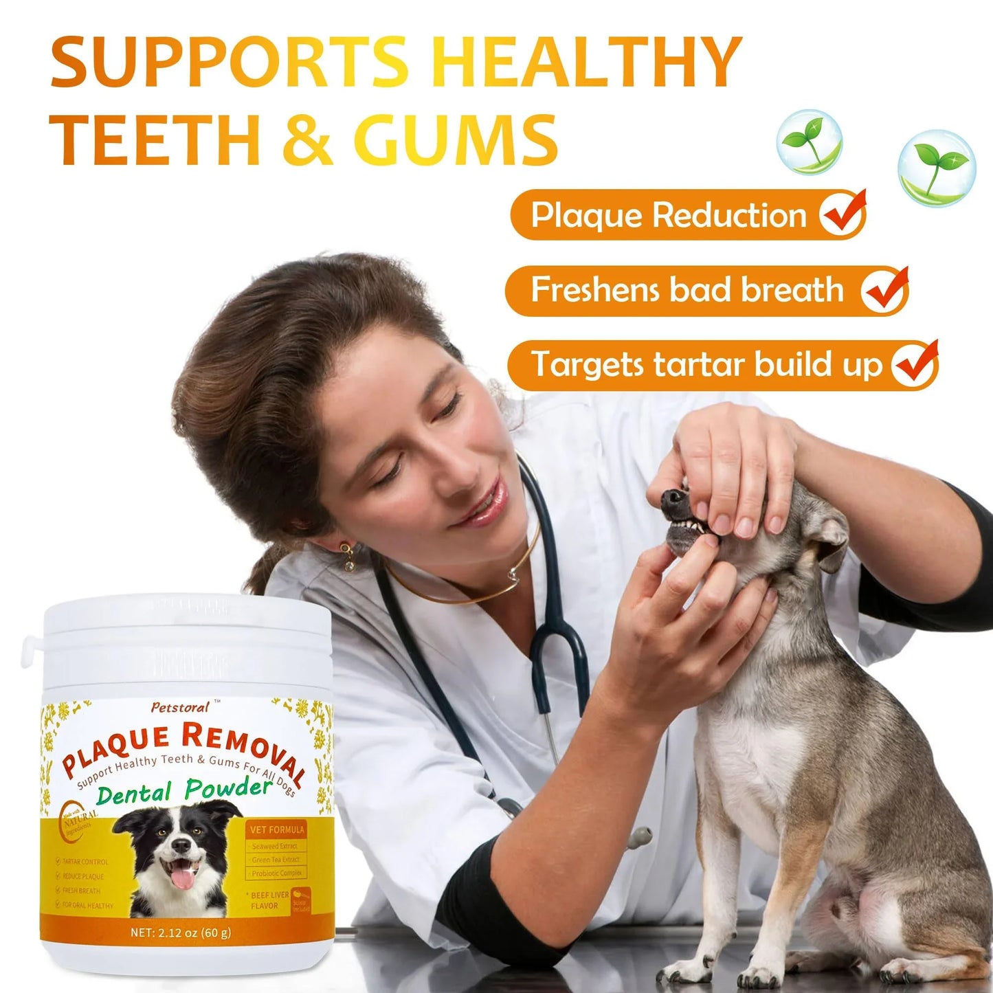 Petstoral Plaque Removal Natural Dental Powder - Dog Dental Care and Bad Breath Treatment, Dog Teeth Cleaning Powde - Beef Liver Flavor - 2.12 oz