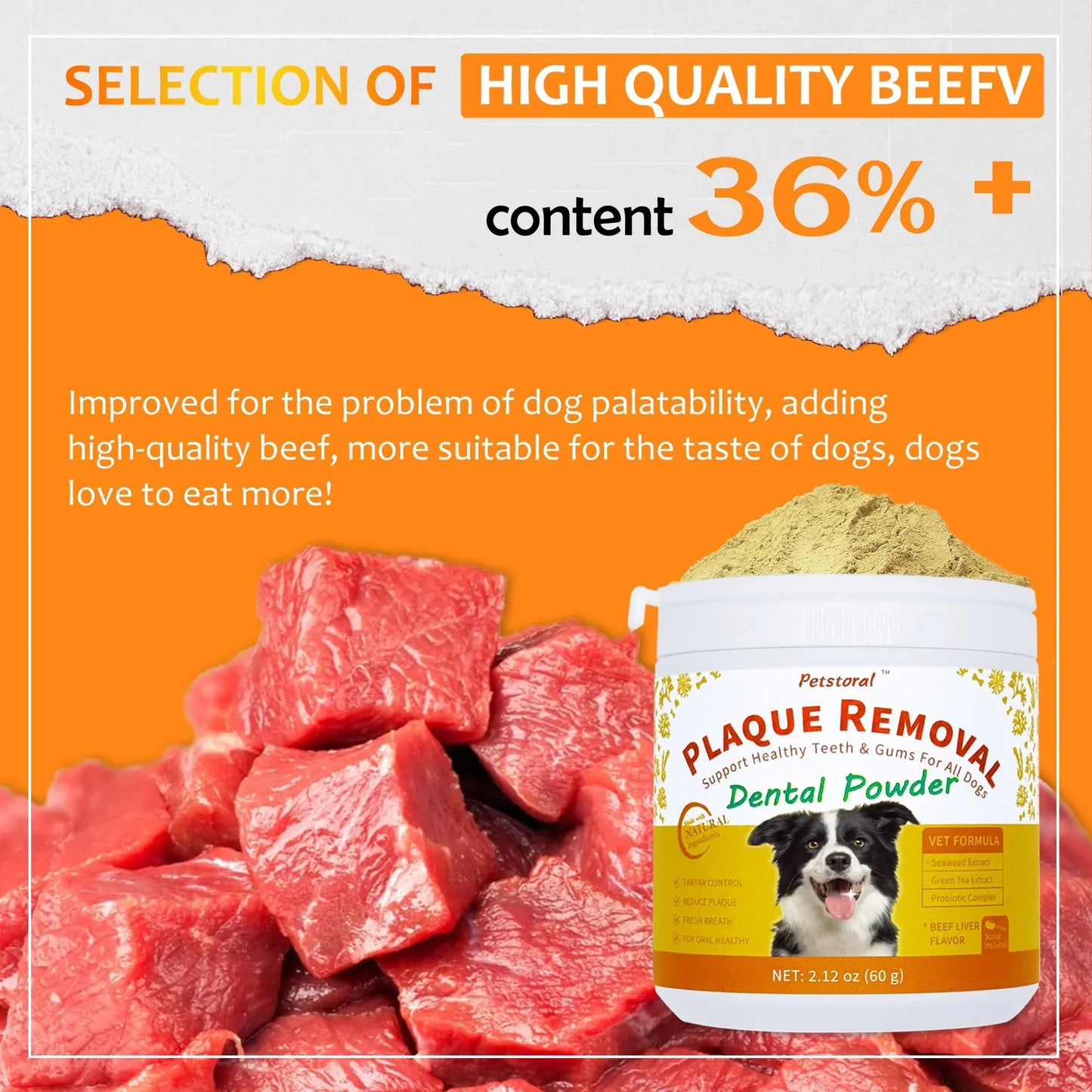 Petstoral Plaque Removal Natural Dental Powder - Dog Dental Care and Bad Breath Treatment, Dog Teeth Cleaning Powde - Beef Liver Flavor - 2.12 oz