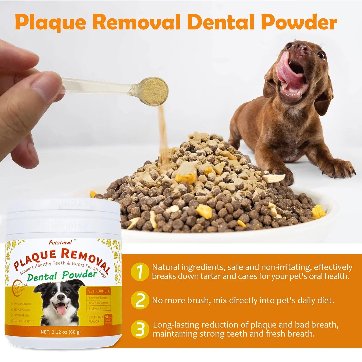 Petstoral Dental Cleaning Kit, Dental Care Wipes to Clean Plaque on The Surface of The Teeth, Beef Liver Flavour Dental Powder with Probiotic to Solve Oral Problems from The Inside of Digestion