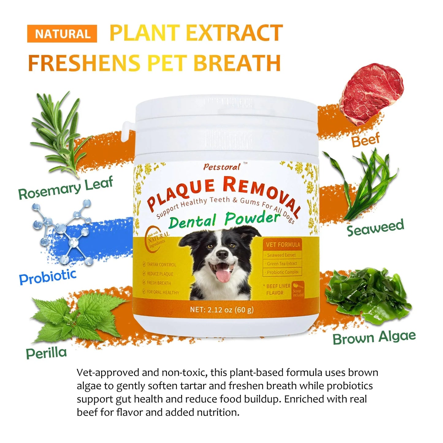 Petstoral Plaque Removal Natural Dental Powder - Dog Dental Care and Bad Breath Treatment, Dog Teeth Cleaning Powde - Beef Liver Flavor - 2.12 oz