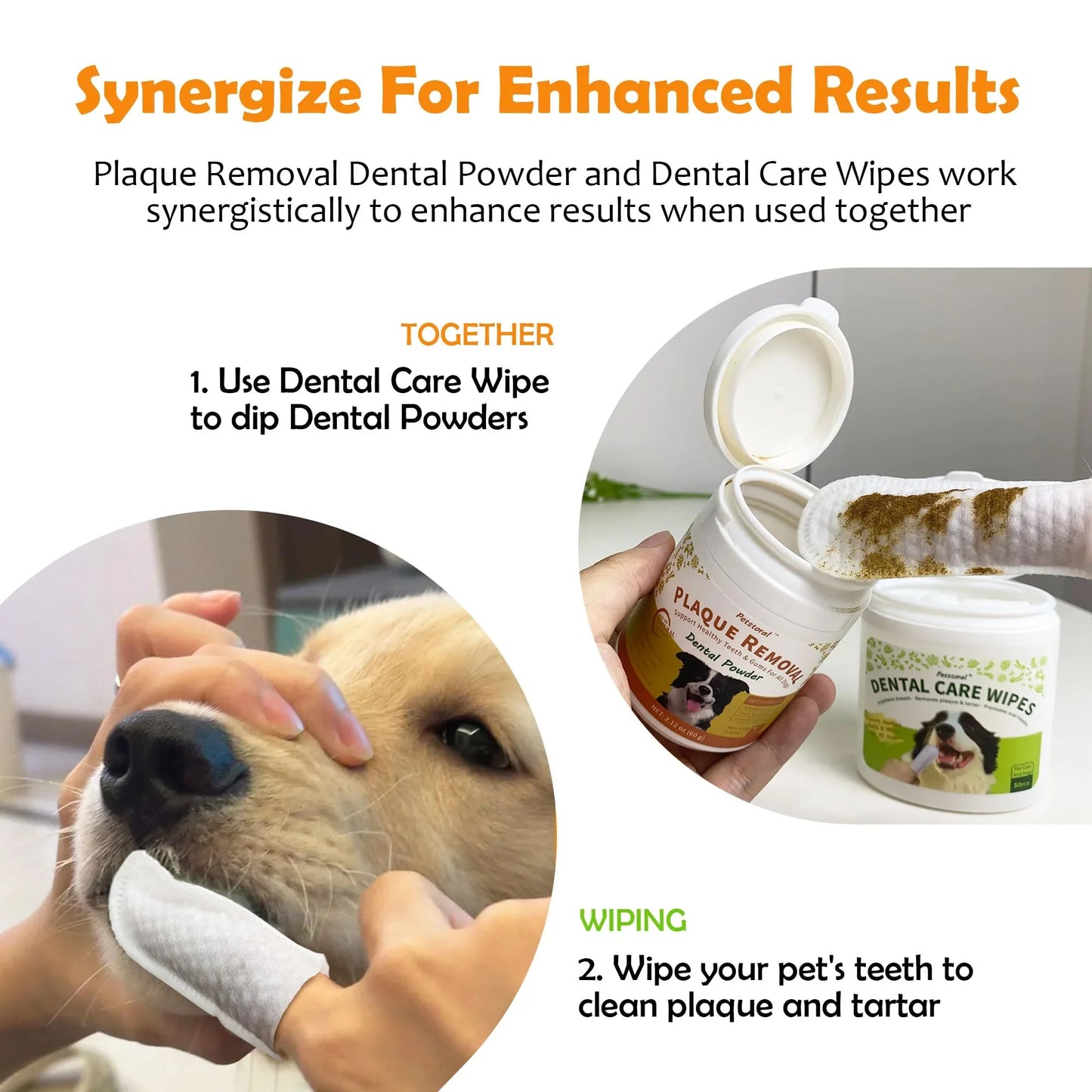 Petstoral Dental Cleaning Kit, Dental Care Wipes to Clean Plaque on The Surface of The Teeth, Beef Liver Flavour Dental Powder with Probiotic to Solve Oral Problems from The Inside of Digestion