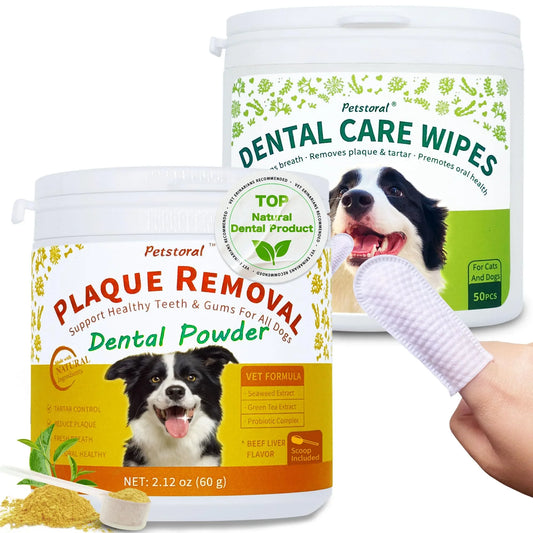 Petstoral Dental Cleaning Kit, Dental Care Wipes to Clean Plaque on The Surface of The Teeth, Beef Liver Flavour Dental Powder with Probiotic to Solve Oral Problems from The Inside of Digestion